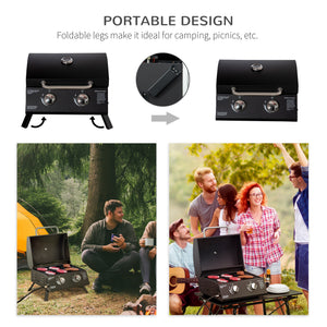 2 Burner Propane Gas Grill, Outdoor Portable Tabletop BBQ with Foldable Legs, 10000 Each Burner, Lid, for Camping, Picnic, Backyard, Black