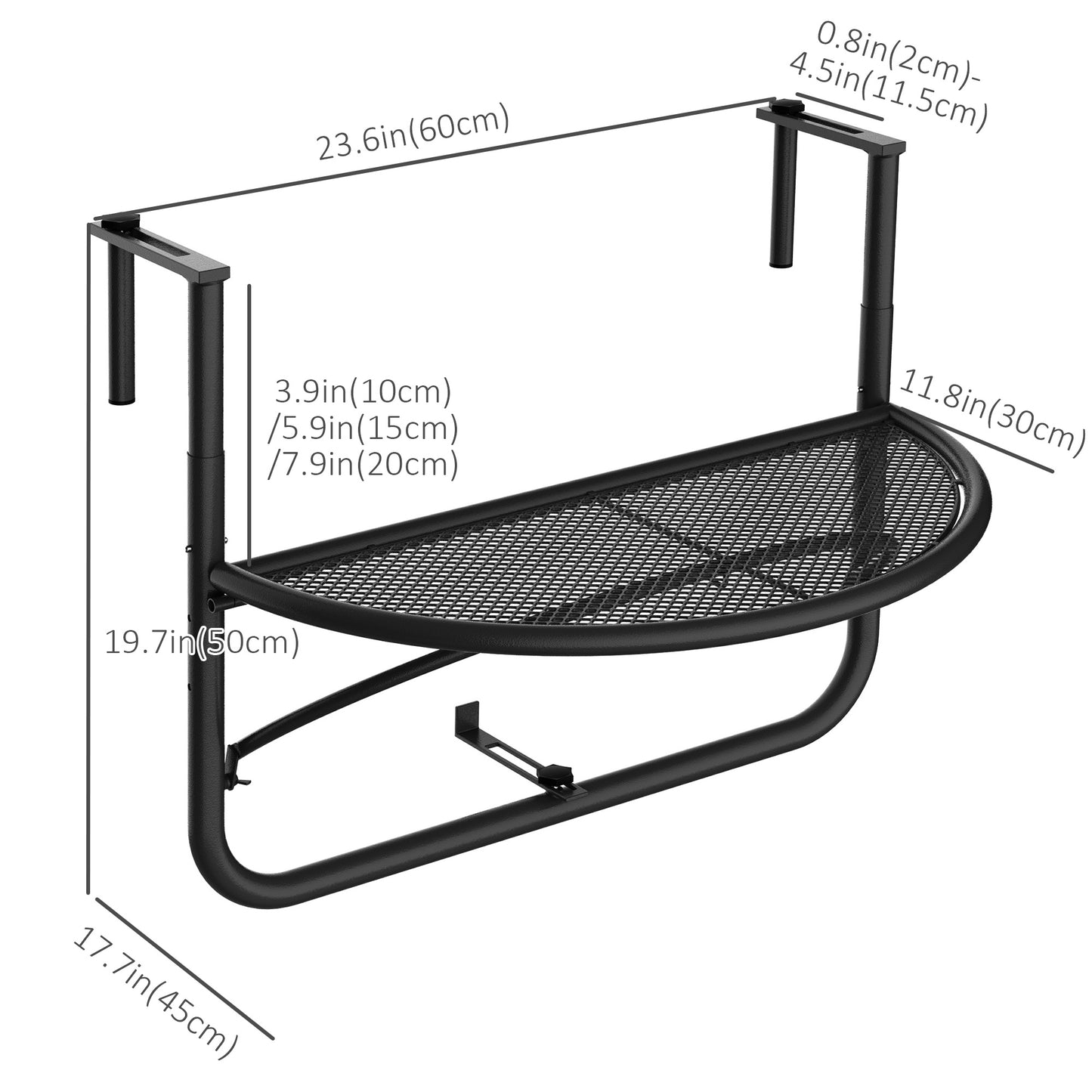 Table de balcon réglable avec rail de suspension en métal, noir