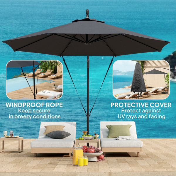 Parasol déporté de 9,5 pieds avec sangle de protection contre le vent, gris