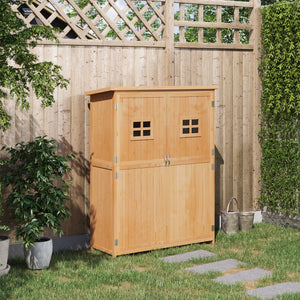 Abri de jardin en bois avec fenêtres et double porte, bois naturel