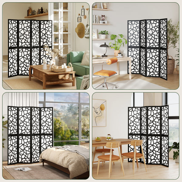 Folding screen with 4 panels, 1.70 m, lightweight and opaque, geometric pattern, black