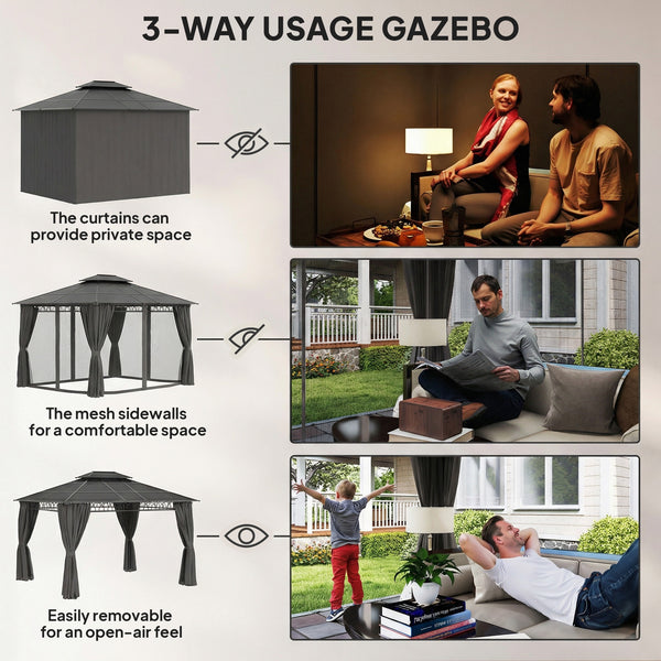 Gazebo 10' x 12' à double toit rigide avec toit en polycarbonate, structure en acier, moustiquaires et rideaux
