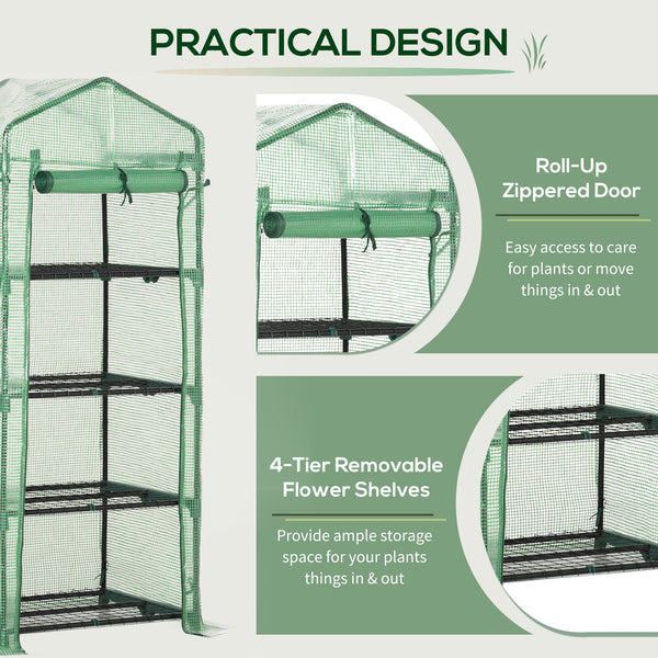Portable greenhouse with 4 shelves, steel frame, PE cover, dark green