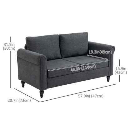 Vintage 2-seater upholstered sofa, chenille fabric, rolled armrests, rubberwood legs, dark grey