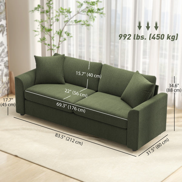 Canapé 3 places rembourré avec ressorts ensachés et 2 coussins décoratifs, vert