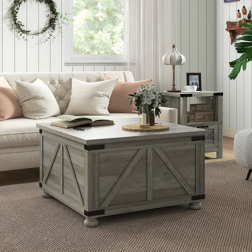 Table basse de style farmhouse avec couvercles rabattables, gris vieilli