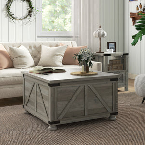 Table basse de style farmhouse avec couvercles rabattables, gris vieilli