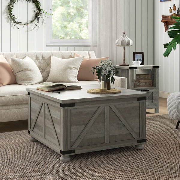 Table basse de style farmhouse avec couvercles rabattables, gris vieilli