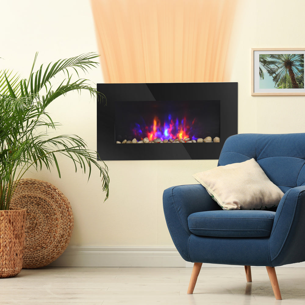 Cheminée murale de 72 cm avec effet flamme LED breveté et 7 couleurs, noir