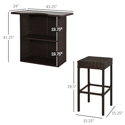 Ensemble de bar de terrasse 5 pièces, table et chaises hautes en rotin synthétique, avec plateau en verre trempé, étagères et 4 chaises de bar, marron foncé
