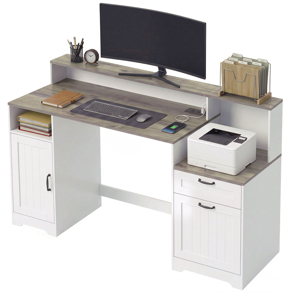 Bureau 65 po avec rangement et prises, blanc et brun