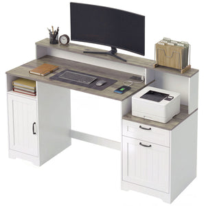 Computer Desk with Power Outlets Office Desk 1 Cabinet File Drawer Gray Brown White