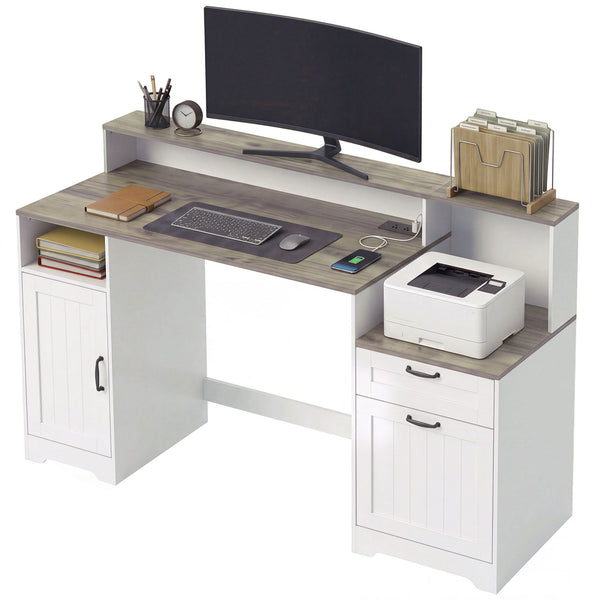 Computer Desk with Power Outlets Office Desk 1 Cabinet File Drawer Gray Brown White