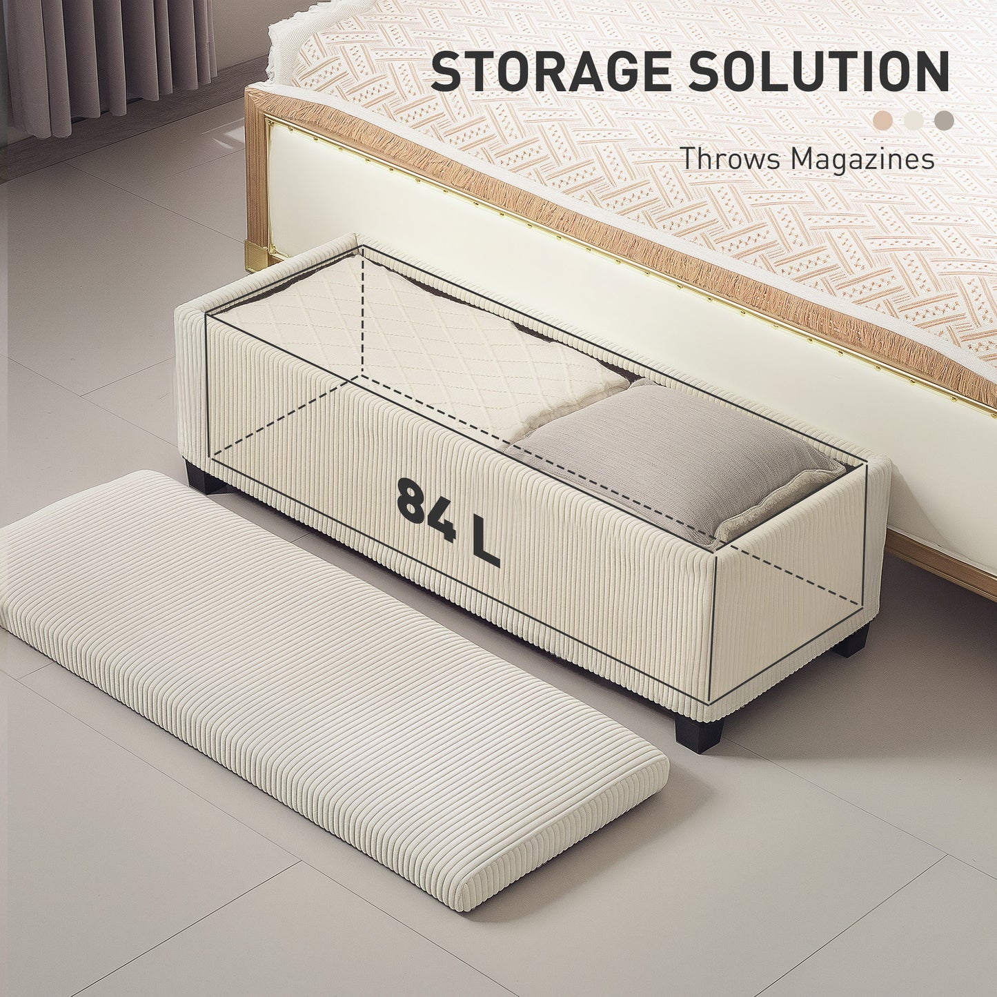 HOMCOM 44 Inch Pouf with Storage, Lid, Legs, Corduroy End of Bed Bench for Living Room, Bedroom, Entryway, Beige