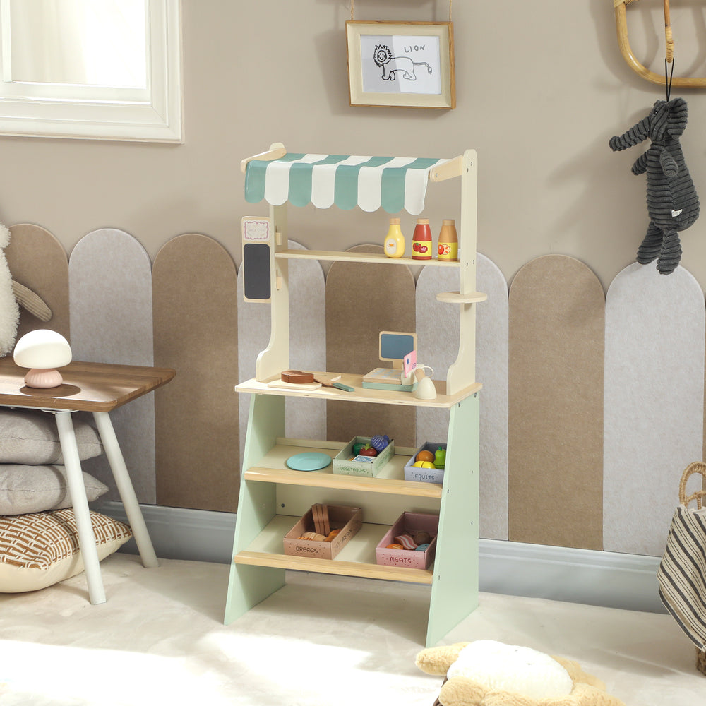 Supermarket playset with cash register, blackboard and pretend food, ages 3 and up