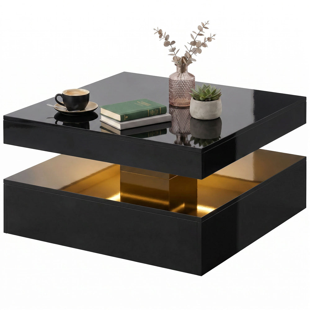 Table basse LED avec rangement à 2 niveaux avec étagère ouverte et télécommande pour salon, noir brillant