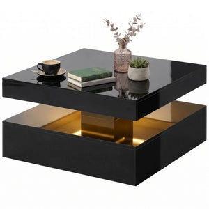 Table basse LED avec rangement à 2 niveaux avec étagère ouverte et télécommande pour salon, noir brillant