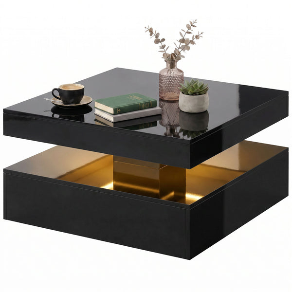 Table basse LED avec rangement à 2 niveaux avec étagère ouverte et télécommande pour salon, noir brillant