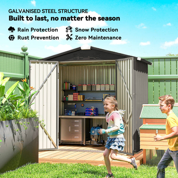 Metal garden shed, with lockable double door and 4 vents, grey