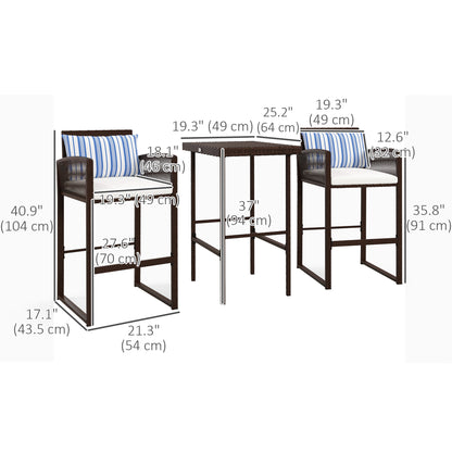 Ensemble de bar 3 pièces en osier, table et chaises de bar avec coussins,
