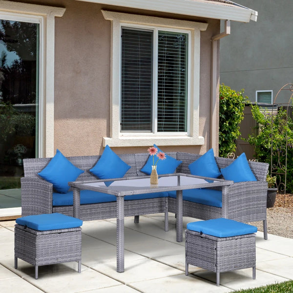 5-piece garden furniture set in woven resin with cushions, table and poufs, bright blue