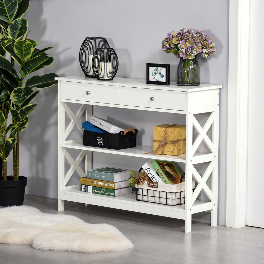 Console d'entrée étroite avec étagères de rangement, blanc