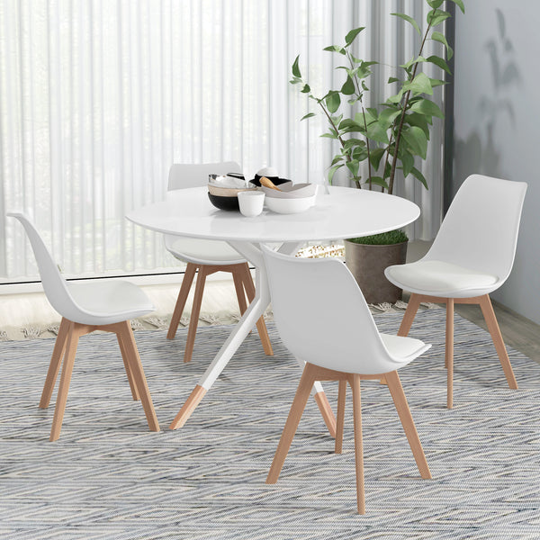Lot de 4 chaises de salle à manger modernes en bois d'hévéa avec coussin en cuir synthétique, blanc