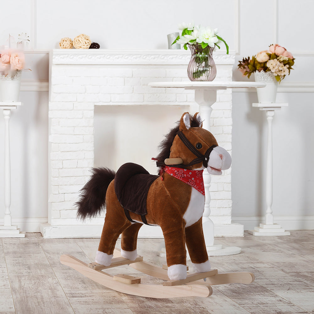 Cheval à bascule en peluche avec écharpe sonore incluse, rouge et marron