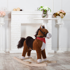 Cheval à bascule en peluche avec écharpe sonore incluse, rouge et marron