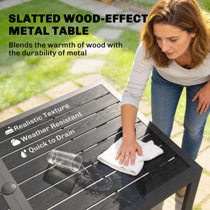 6-Seater Outdoor Dining Set, Metal Wood-Look Patio Table and Stackable Chairs, Black