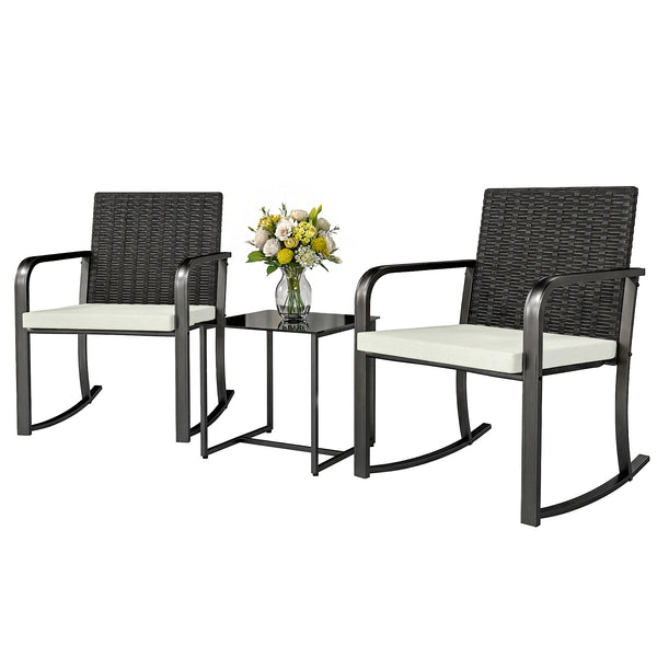 3-Piece Rocking Bistro Set with Cushions and Glass Top Coffee Table, Cream