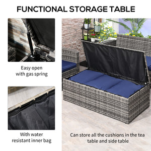 Ensemble de meubles en osier 6 pièces avec coussins, canapé de jardin 7 places en rotin avec table de rangement, bleu marine