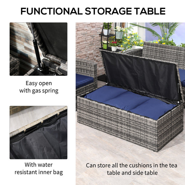 Ensemble de meubles en osier 6 pièces avec coussins, canapé de jardin 7 places en rotin avec table de rangement, bleu marine
