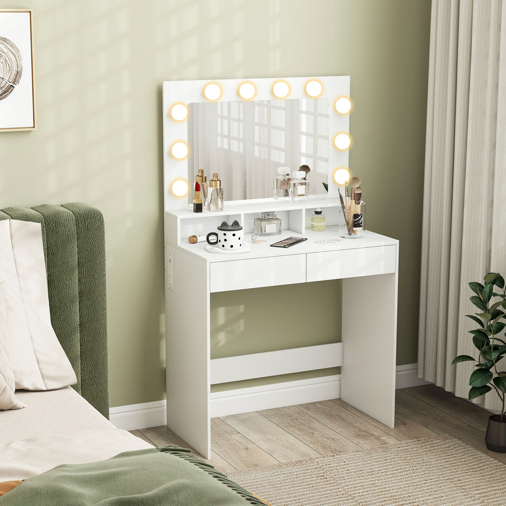 Coiffeuse avec miroir à éclairage LED, station de charge et tiroirs, blanche
