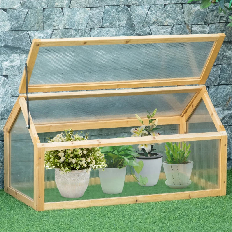 Portable raised wooden garden greenhouse with hinged lid