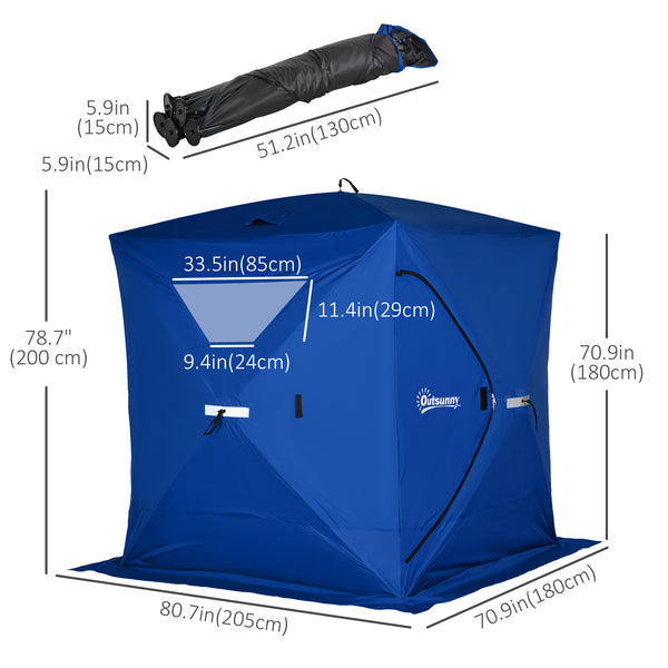 Portable ice fishing shelter for 2 to 4 people, with windproof windows and carrying bag, blue.