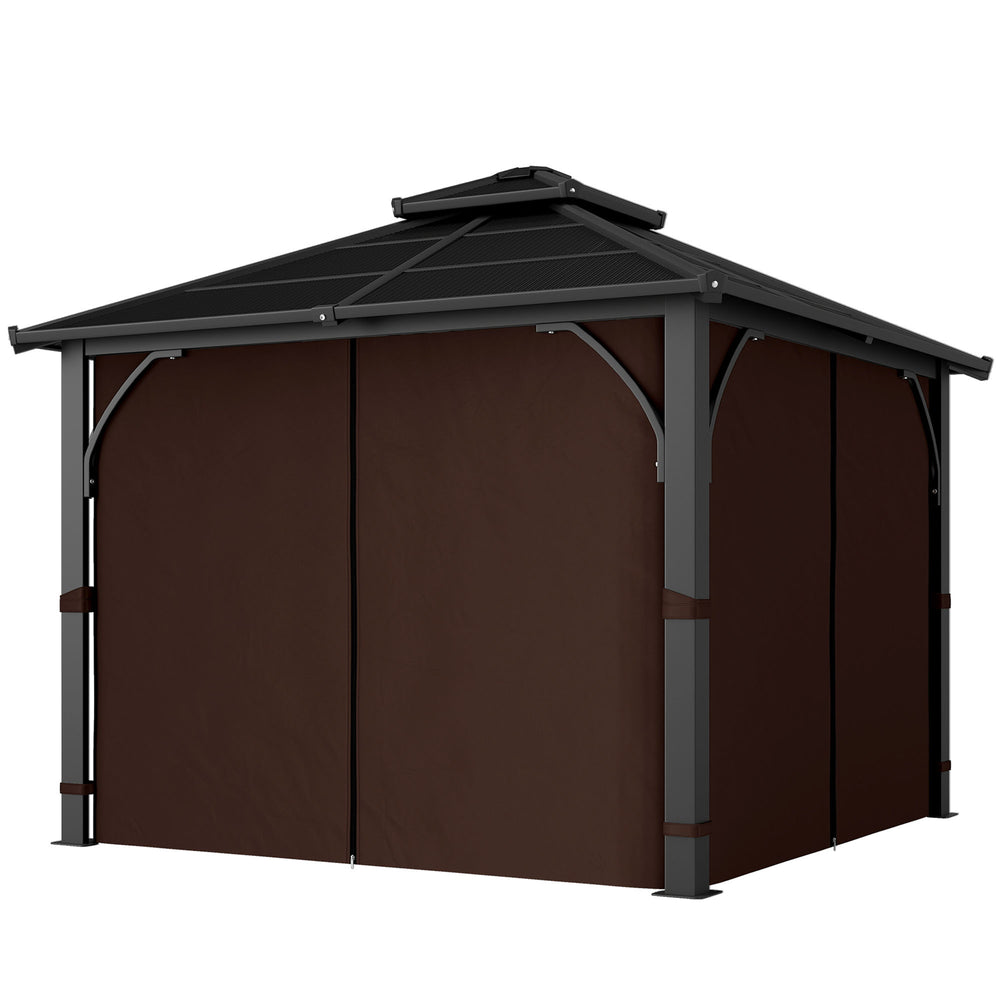 10' x 10' Hardtop Gazebo with 7mm Double Polycarbonate Roof, Outdoor Gazebo with Netting and Curtains, Coffee