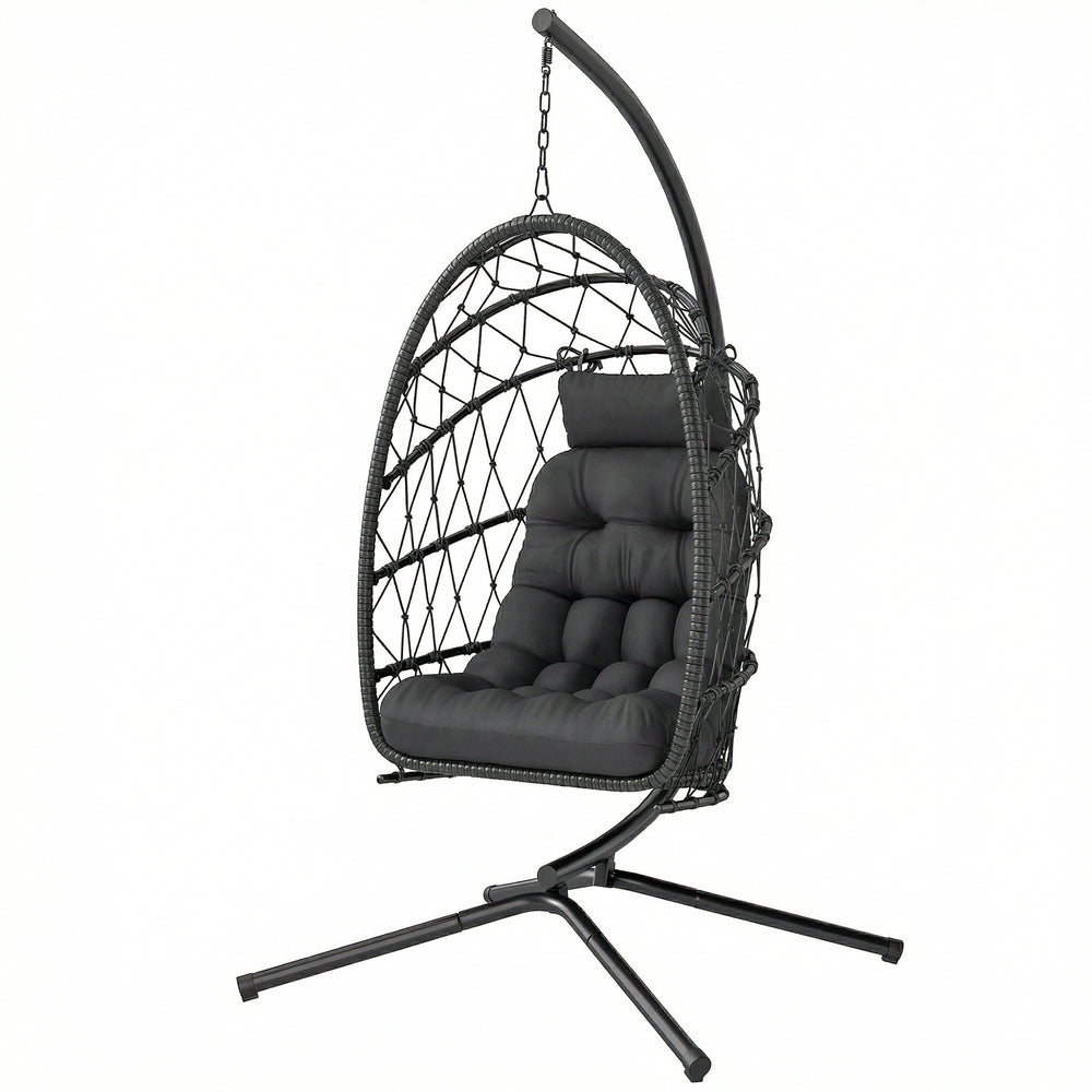 Hanging chair with stand, in woven rattan with thick cushion and safety rope, black