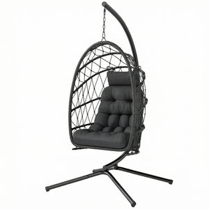 Fauteuil suspendu avec support, en rotin tressé avec coussin épais et corde de sécurité, noir