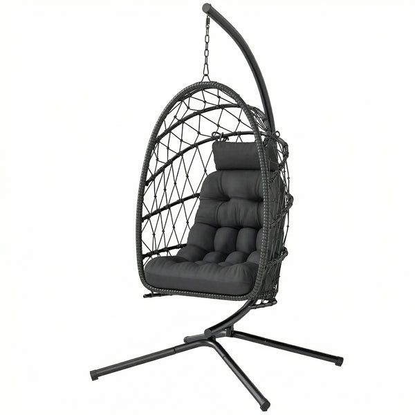 Fauteuil suspendu avec support, en rotin tressé avec coussin épais et corde de sécurité, noir