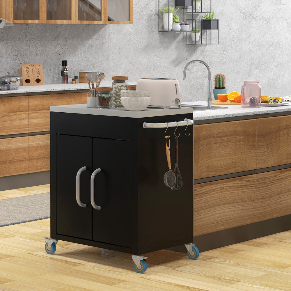 Outdoor Grill Cart with Stainless Steel Top, Pizza Oven Table with Wheels Hooks Cabinet Handles,  Black