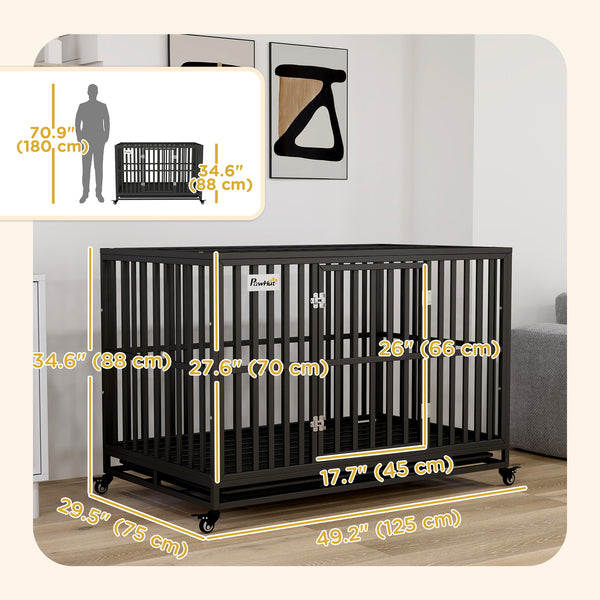 Cage pour chien de 49" en acier robuste avec roulettes, noire