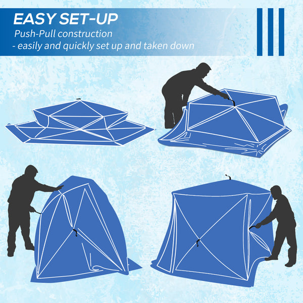 Insulated ice fishing shelter for 4 people, portable and foldable with carry bag and two doors, for temperatures down to -30°C, blue