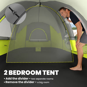 Tente de camping pour 6 à 8 personnes avec double-toit imperméable 2000 mm et sac de transport, verte.