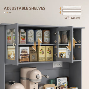 Armoire de rangement de cuisine avec prises électriques, 2 tiroirs et compartiments basculants – Gris et bois naturel