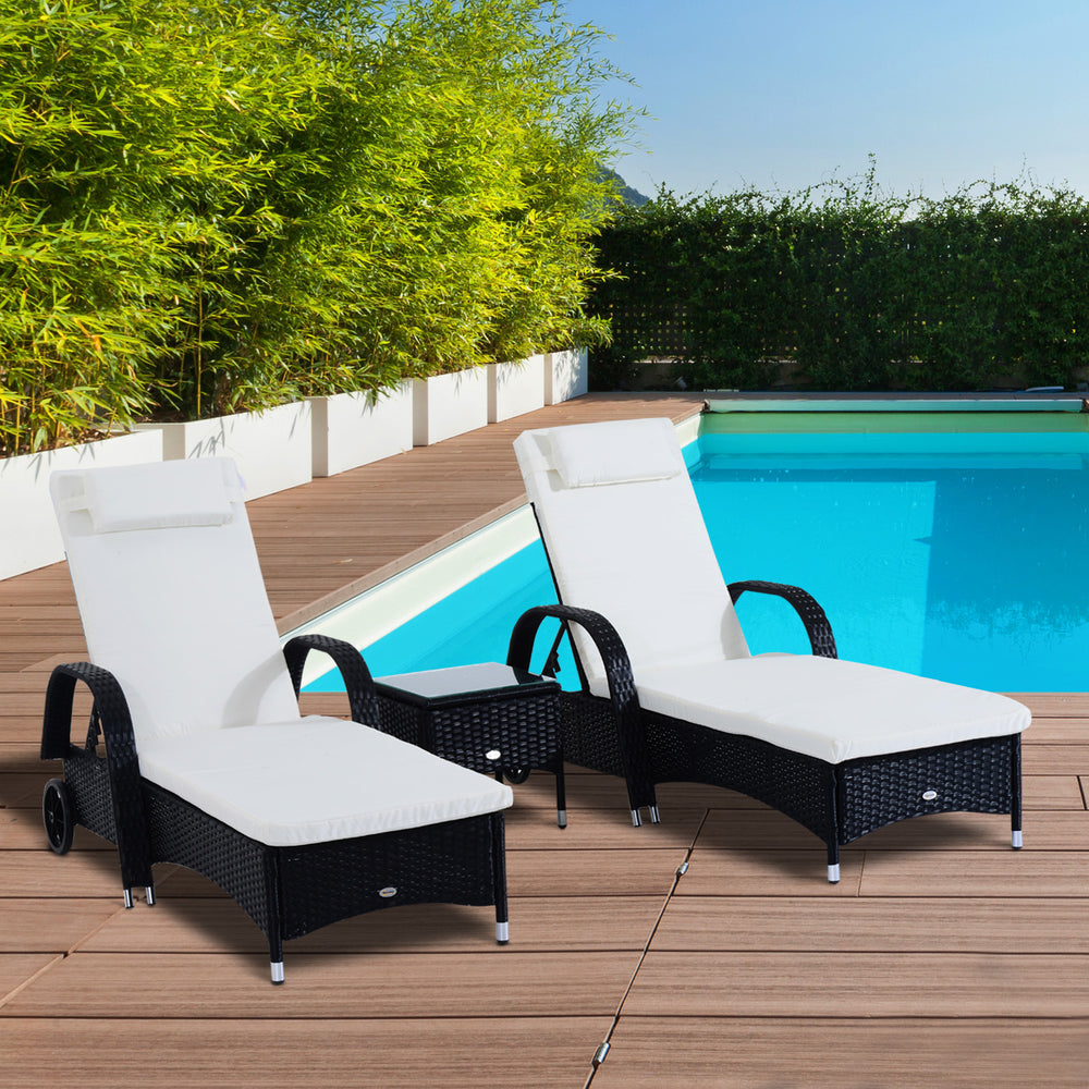 Patio Rattan Lounge Set has a Wheeled Wicker Chaise Lounge Chair and A Table with A Tempered Glass Top, White