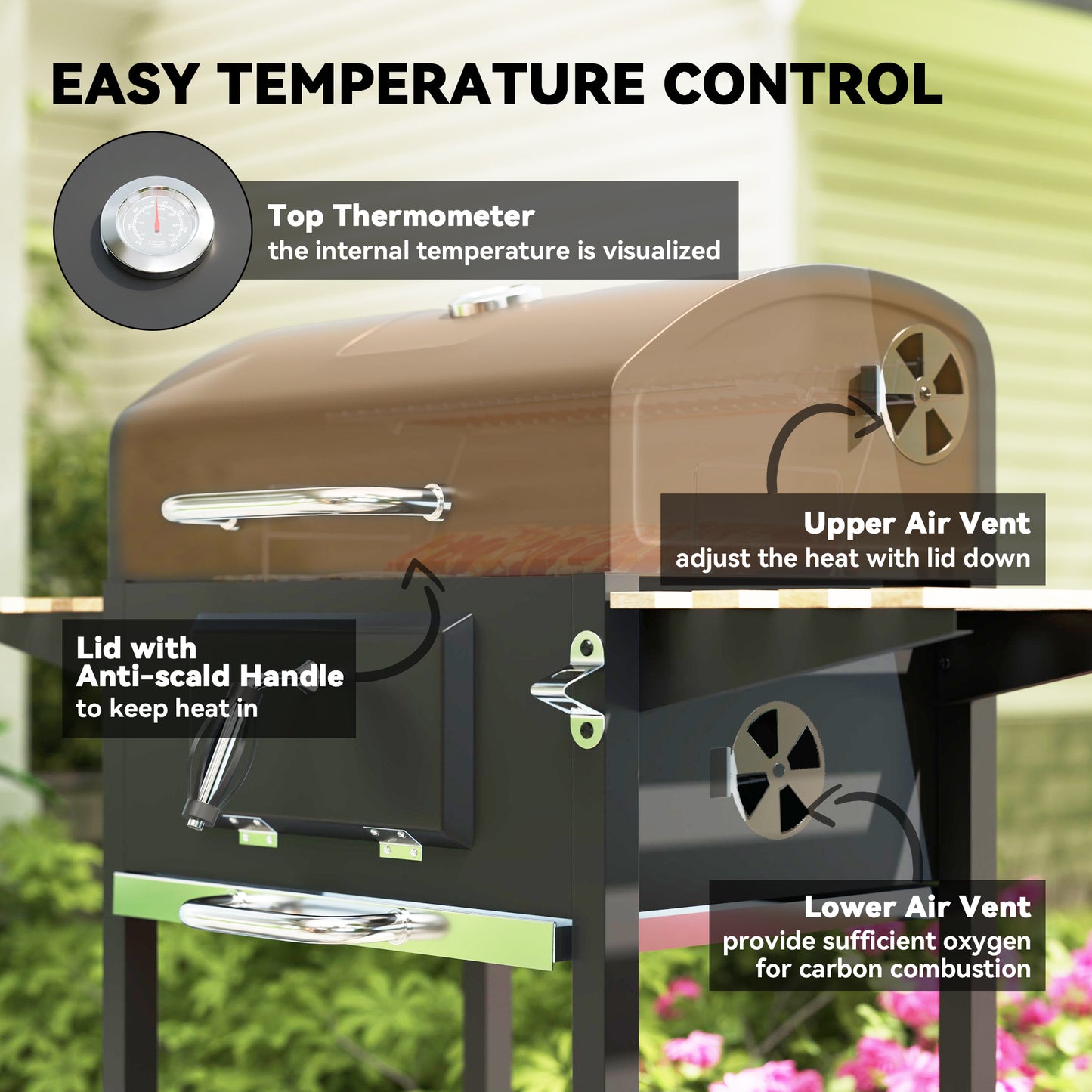 Outsunny 20" Charcoal BBQ on Wheels with Adjustable Charcoal Tray, Large Cooking Surface, 3 Shelves and Thermometer
