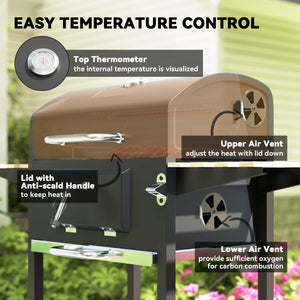 Barbecue au charbon de bois sur roulettes avec bac à charbon réglable, grande surface de cuisson, 3 étagères et thermomètre