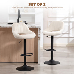 Set of 2 swivel counter-height bar stools with openwork backrest and adjustable height, cream.