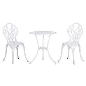 3 Pieces Patio Bistro Set, Outdoor Cast Aluminum Garden Table and Chairs with Umbrella Hole for Balcony, White